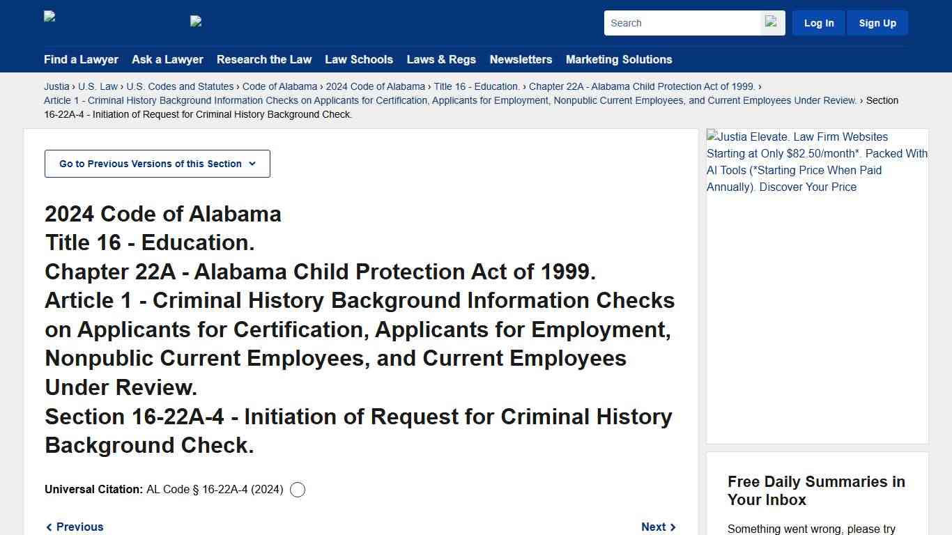 Alabama Code § 16-22A-4 (2024) - Initiation of Request for Criminal History Background Check. :: 2024 Code of Alabama :: U.S. Codes and Statutes :: U.S. Law :: Justia