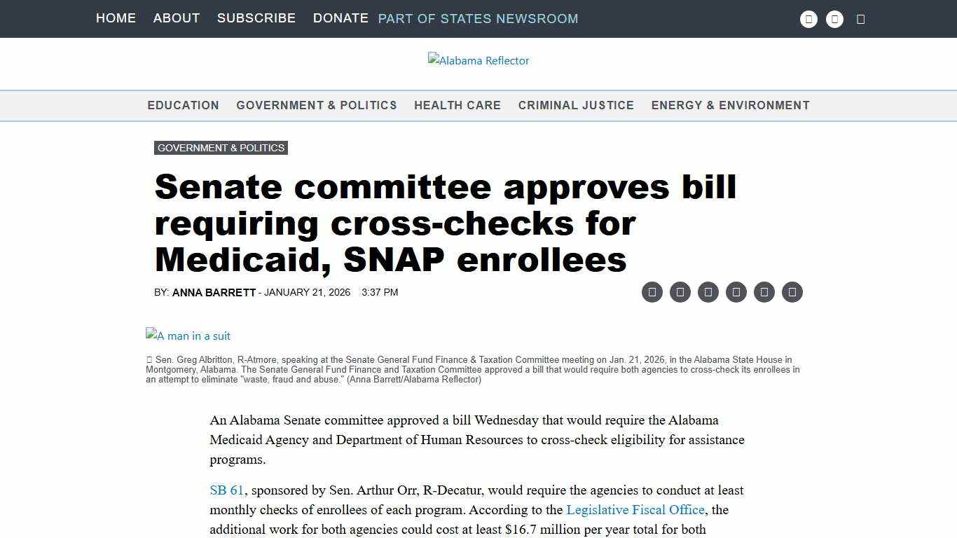 Senate committee approves bill requiring cross-checks for Medicaid, SNAP enrollees Alabama Reflector