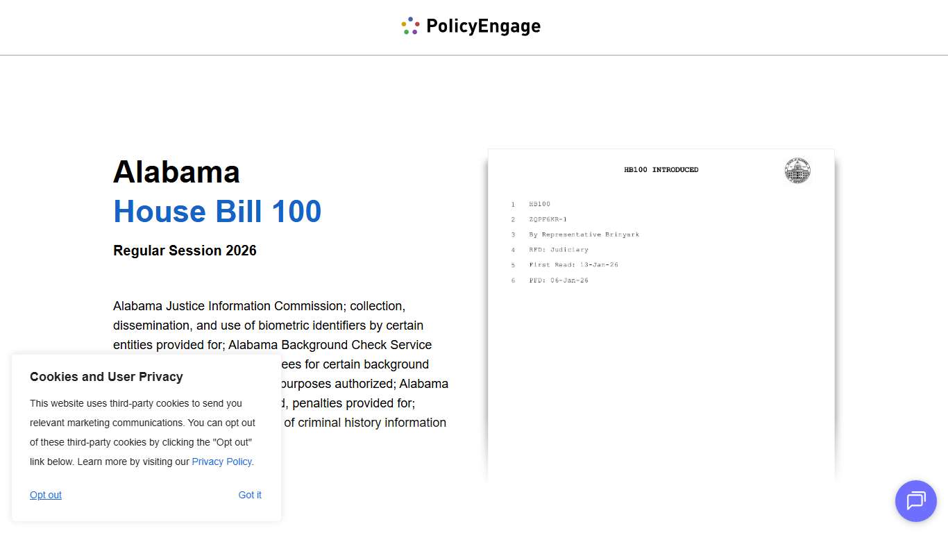 AL HB100 Alabama House Bill 100 Regular Session 2026 Alabama Justice Information Commission; collection, dissemination, and use of biometric identifiers … PolicyEngage